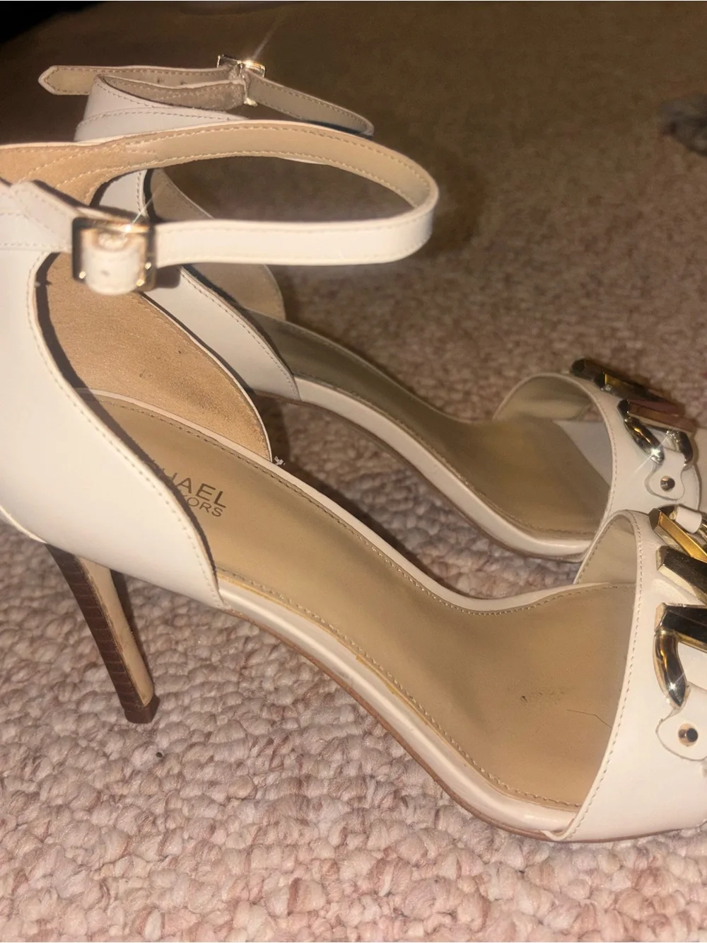 MICHAEL Michael Kors Cream Ankle-Strap Heels with Gold MK Logo